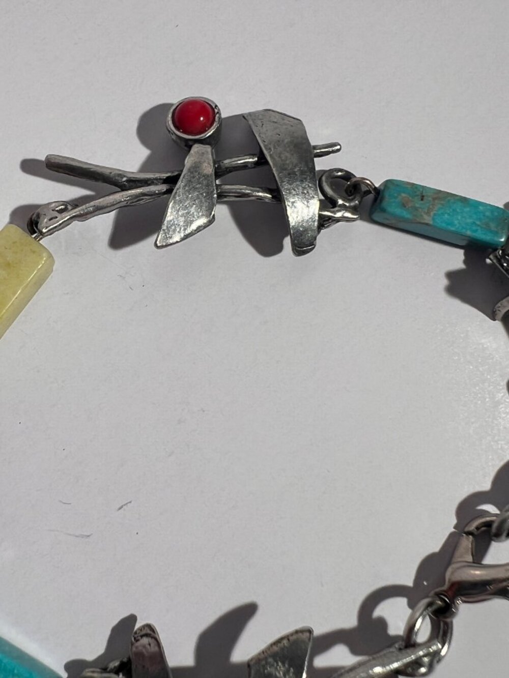 Vintage Sterling Silver Modernist Brutalist Link Bracelet – Turquoise & Red Cabo - Picture 7 of 12